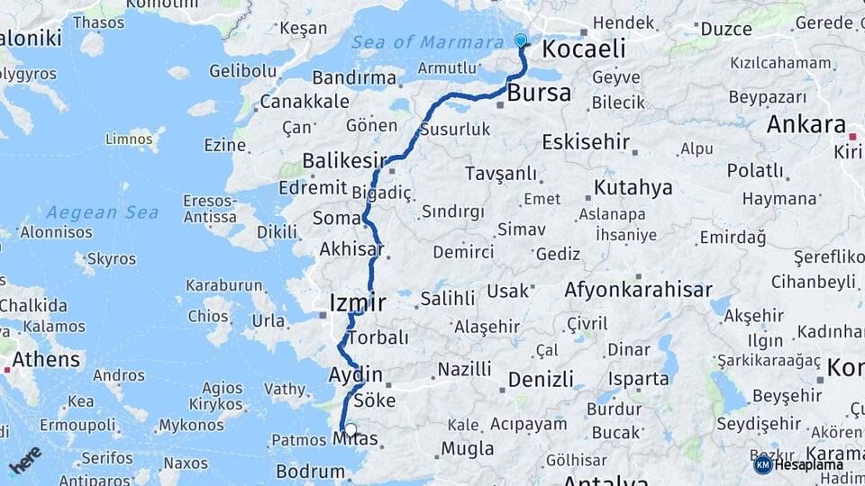 Yalova Akbük Didim Aydın Arası Kaç Km - Yol Haritası
