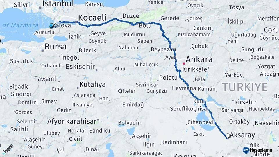 Yalova Aksaray Arası Kaç Km - Yol Haritası