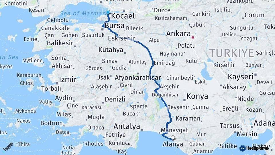 Yalova Alanya Antalya Arası Kaç Km - Yol Haritası