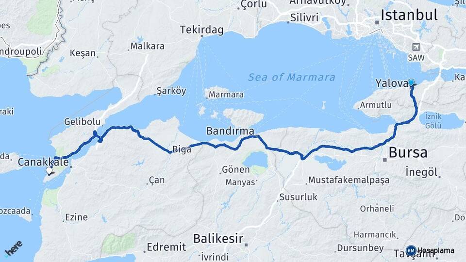 Yalova Alçıtepe Eceabat Çanakkale Arası Kaç Km - Yol Haritası