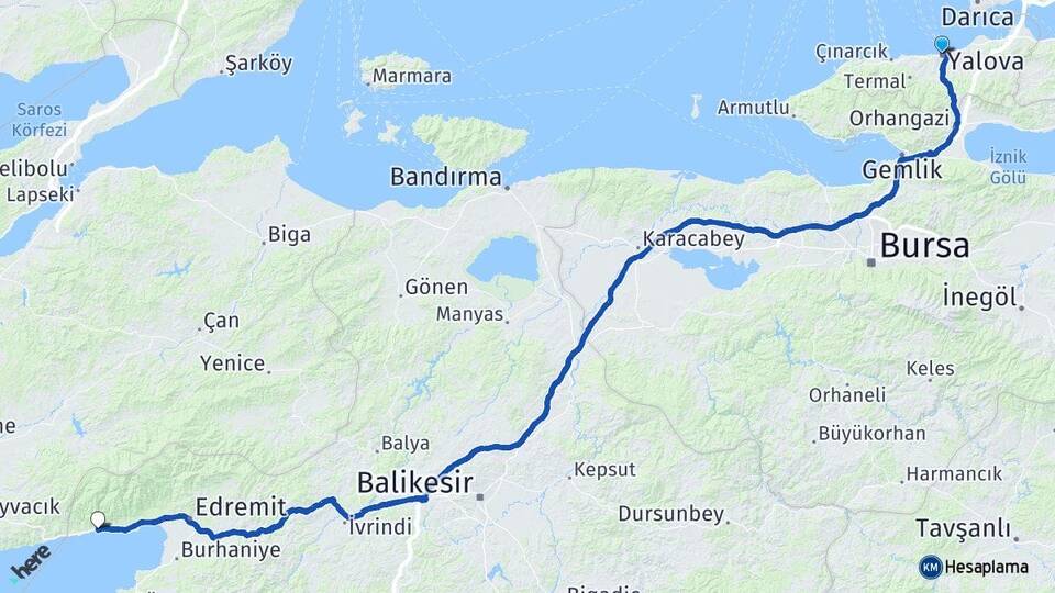 Yalova Altınoluk Edremit Balıkesir Arası Kaç Km - Yol Haritası