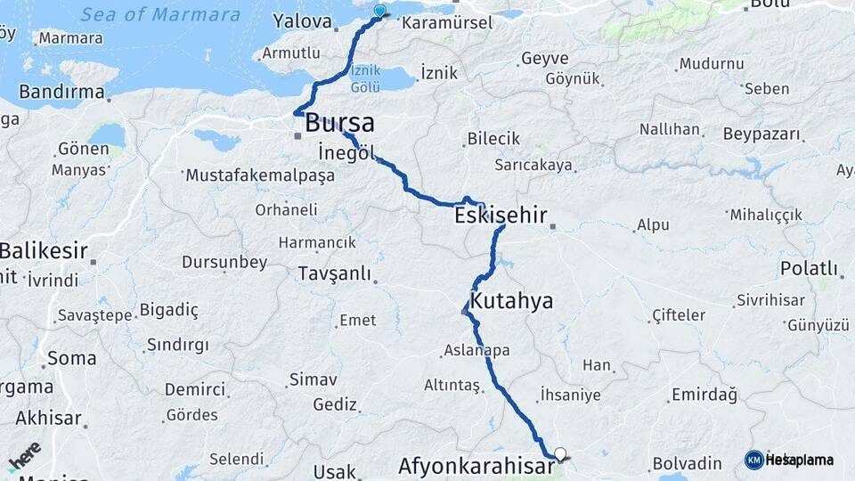 Yalova Altınova Afyonkarahisar Arası Kaç Km - Yol Haritası