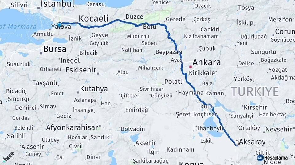 Yalova Altınova Aksaray Arası Kaç Km - Yol Haritası
