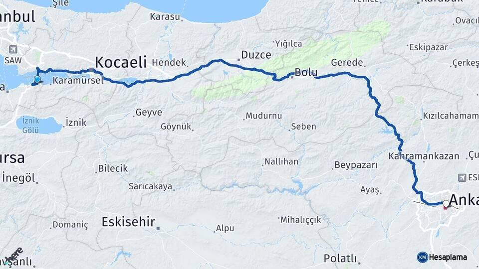 Yalova Altınova Ankara Arası Kaç Km - Yol Haritası