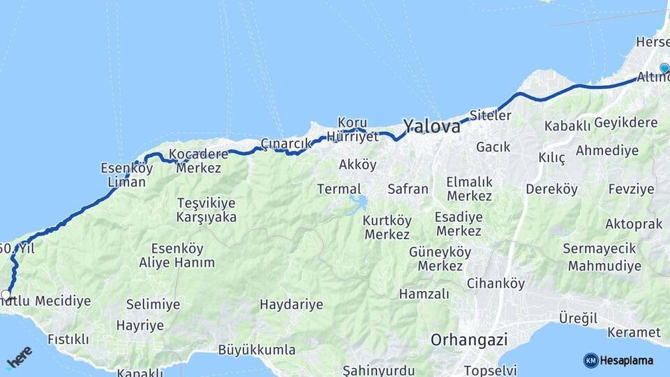 Yalova Altınova Armutlu Arası Kaç Km - Yol Haritası