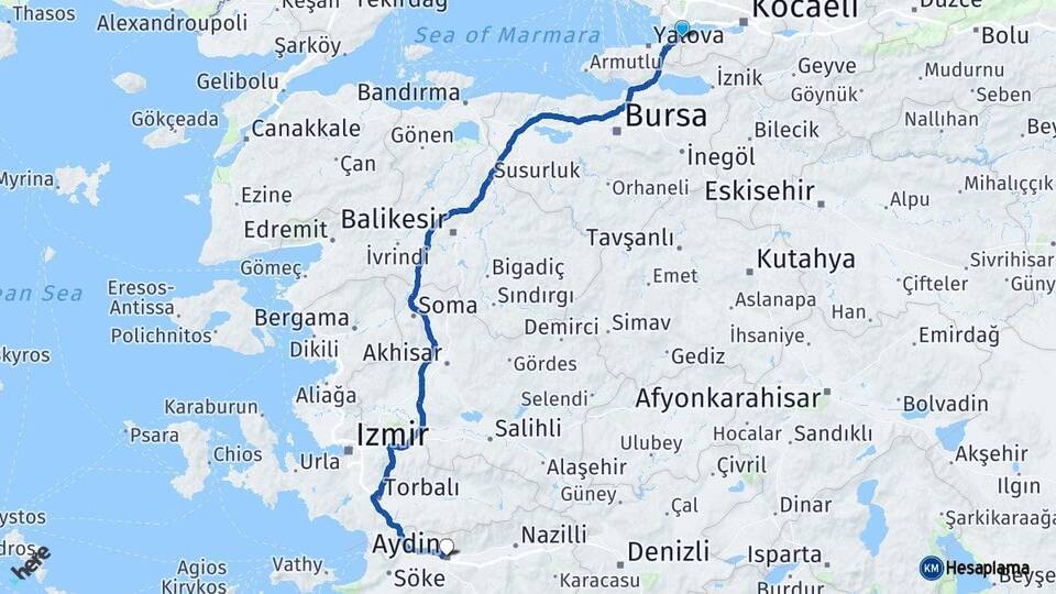 Yalova Altınova Aydın Arası Kaç Km - Yol Haritası