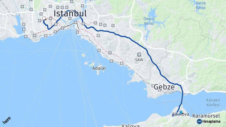 Yalova Altınova Bağcılar İstanbul Arası Kaç Km - Yol Haritası