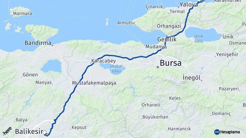 Yalova Altınova Balıkesir Arası Kaç Km - Yol Haritası
