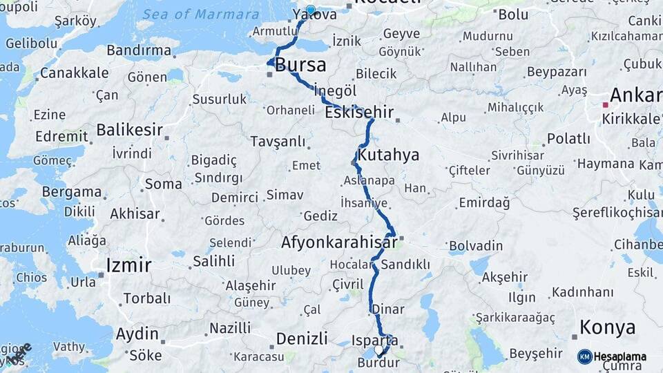 Yalova Altınova Burdur Arası Kaç Km - Yol Haritası