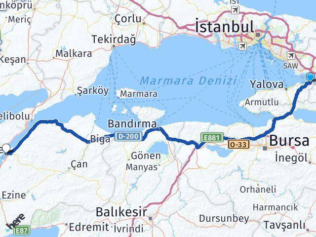 Yalova Altınova Çanakkale Arası Kaç Km - Yol Haritası