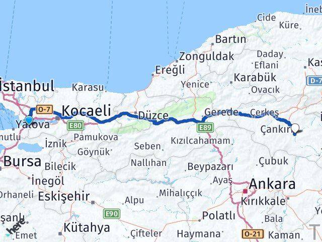 Yalova Altınova Çankırı Arası Kaç Km - Yol Haritası