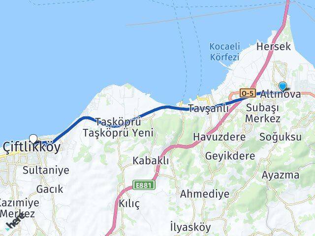 Yalova Altınova Çiftlikköy Arası Kaç Km - Yol Haritası