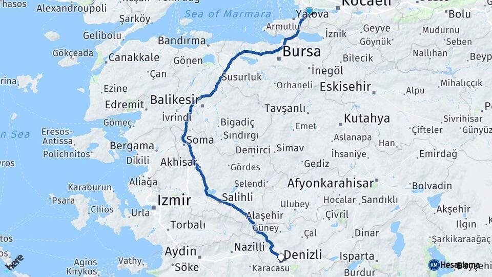 Yalova Altınova Denizli Arası Kaç Km - Yol Haritası