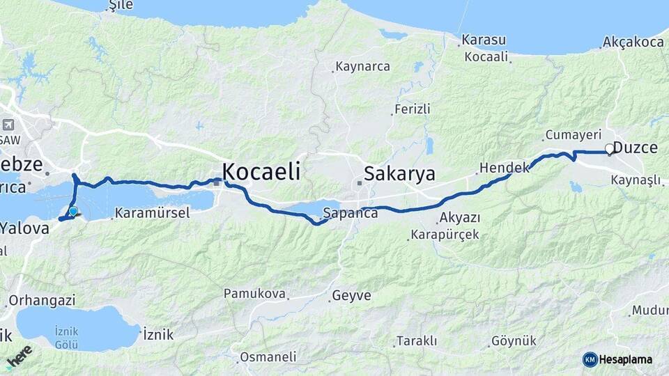 Yalova Altınova Düzce Arası Kaç Km - Yol Haritası