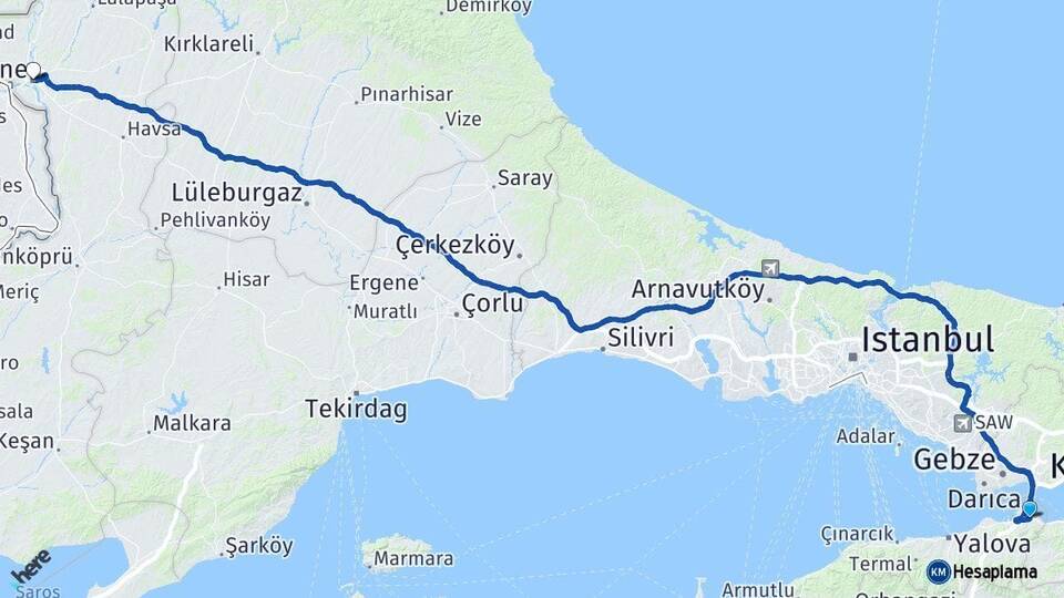 Yalova Altınova Edirne Arası Kaç Km - Yol Haritası