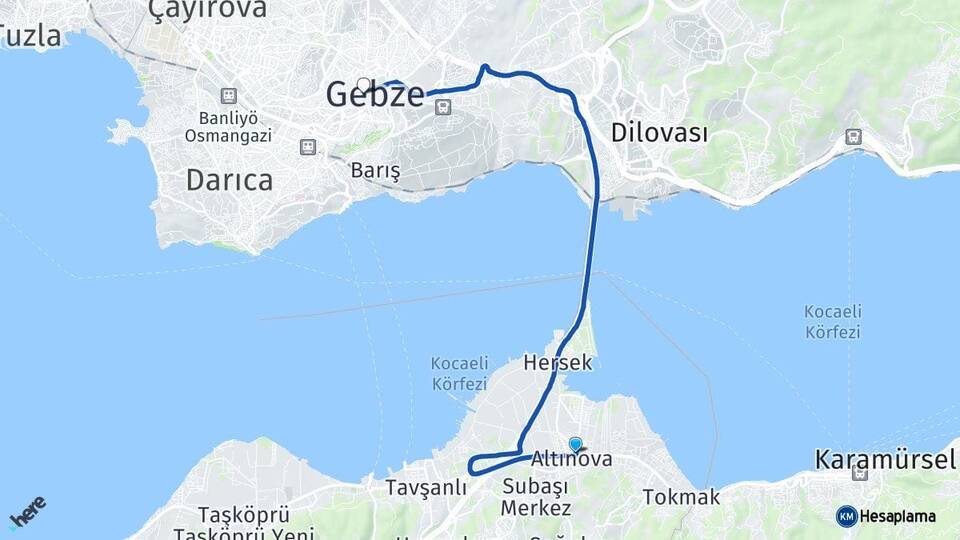 Yalova Altınova Gebze Kocaeli Arası Kaç Km - Yol Haritası