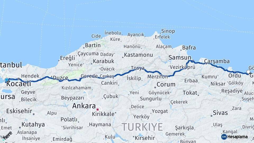 Yalova Altınova Giresun Arası Kaç Km - Yol Haritası