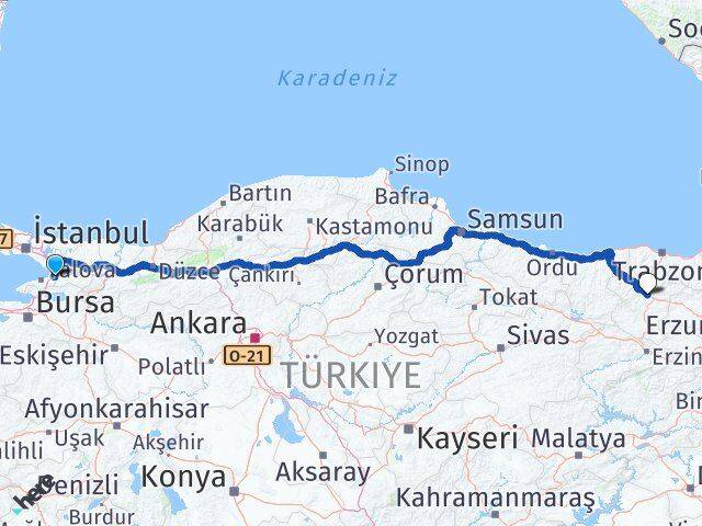 Yalova Altınova Gümüşhane Arası Kaç Km - Yol Haritası