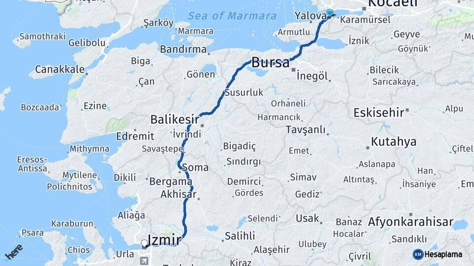 Yalova Altınova İzmir Arası Kaç Km - Yol Haritası