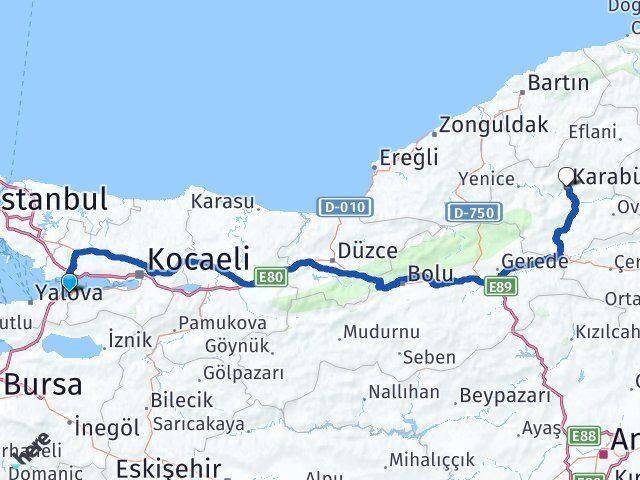 Yalova Altınova Karabük Arası Kaç Km - Yol Haritası