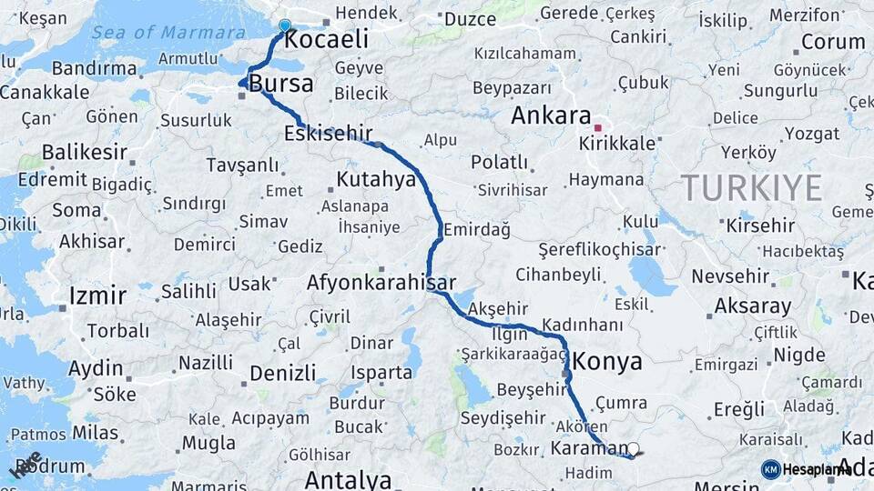 Yalova Altınova Karaman Arası Kaç Km - Yol Haritası