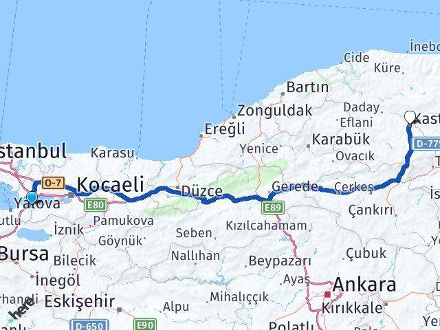 Yalova Altınova Kastamonu Arası Kaç Km - Yol Haritası