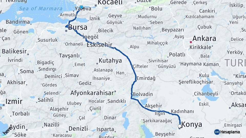Yalova Altınova Konya Arası Kaç Km - Yol Haritası