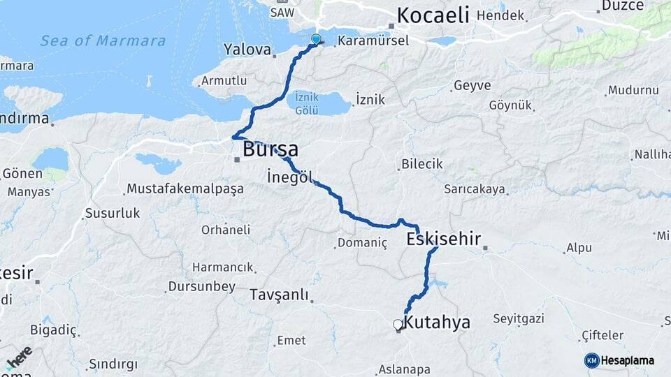 Yalova Altınova Kütahya Arası Kaç Km - Yol Haritası