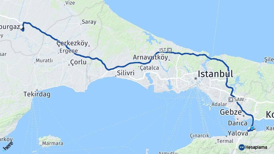 Yalova Altınova Lüleburgaz Kırklareli Arası Kaç Km - Yol Haritası