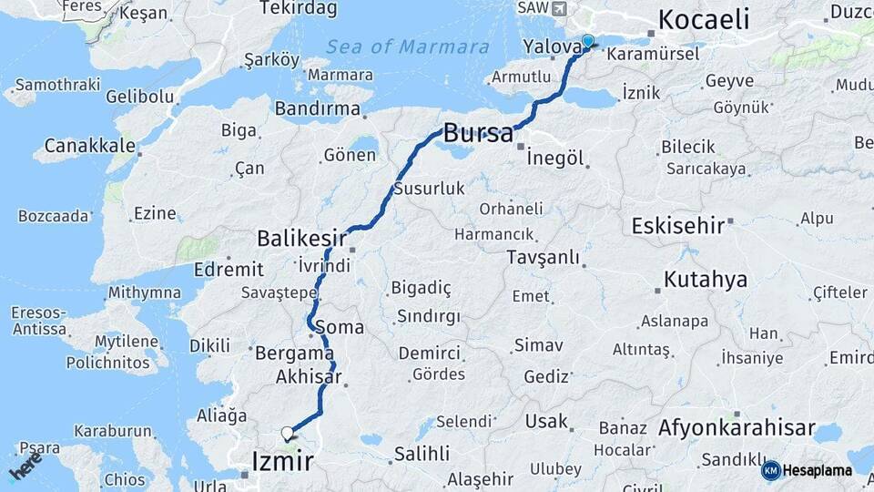 Yalova Altınova Manisa Arası Kaç Km - Yol Haritası