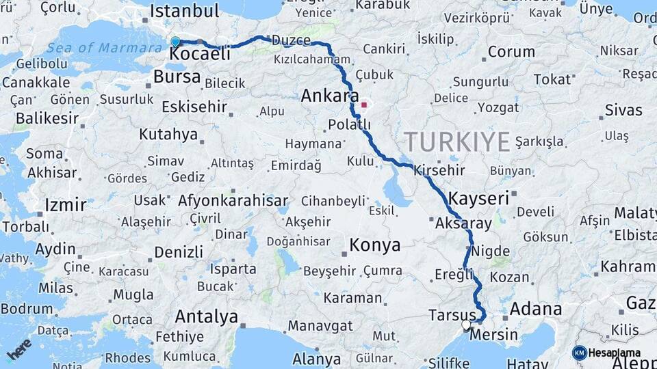 Yalova Altınova Mersin Arası Kaç Km - Yol Haritası
