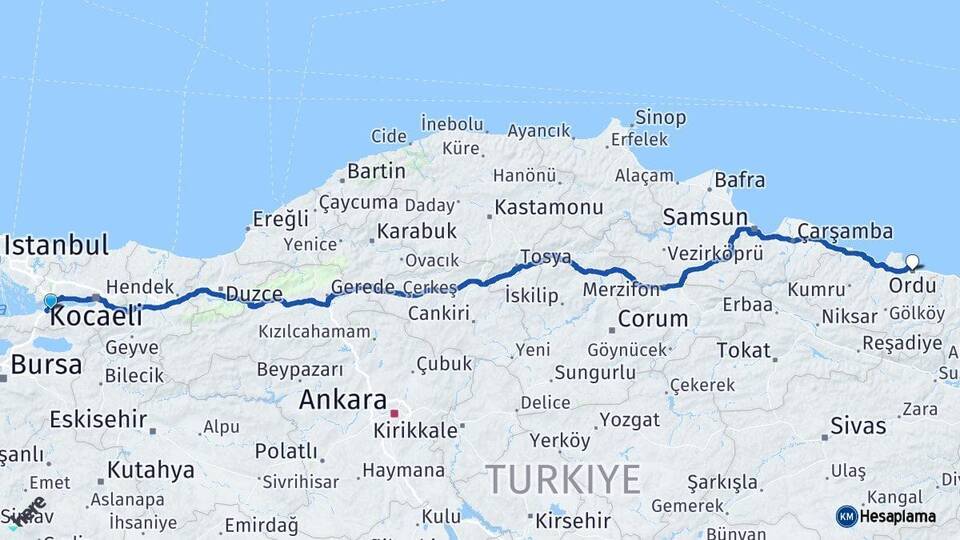 Yalova Altınova Ordu Arası Kaç Km - Yol Haritası