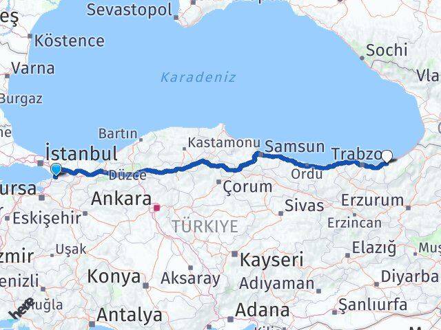 Yalova Altınova Rize Arası Kaç Km - Yol Haritası