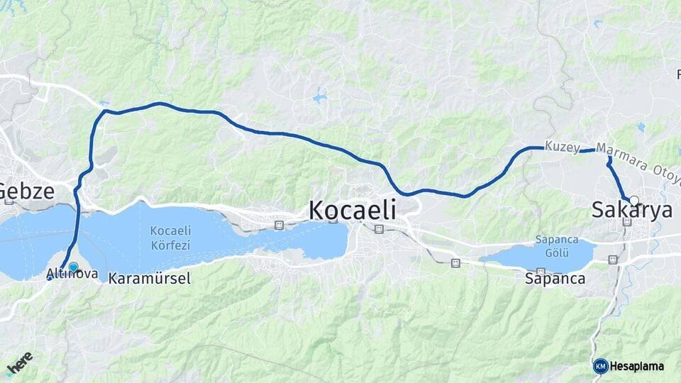 Yalova Altınova Sakarya Arası Kaç Km - Yol Haritası