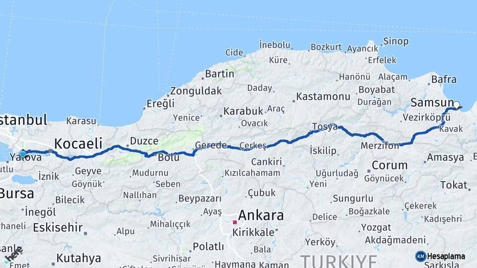 Yalova Altınova Samsun Arası Kaç Km - Yol Haritası