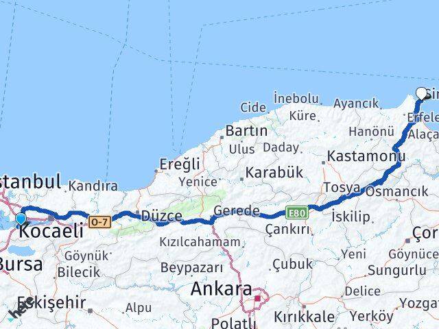 Yalova Altınova Sinop Arası Kaç Km - Yol Haritası