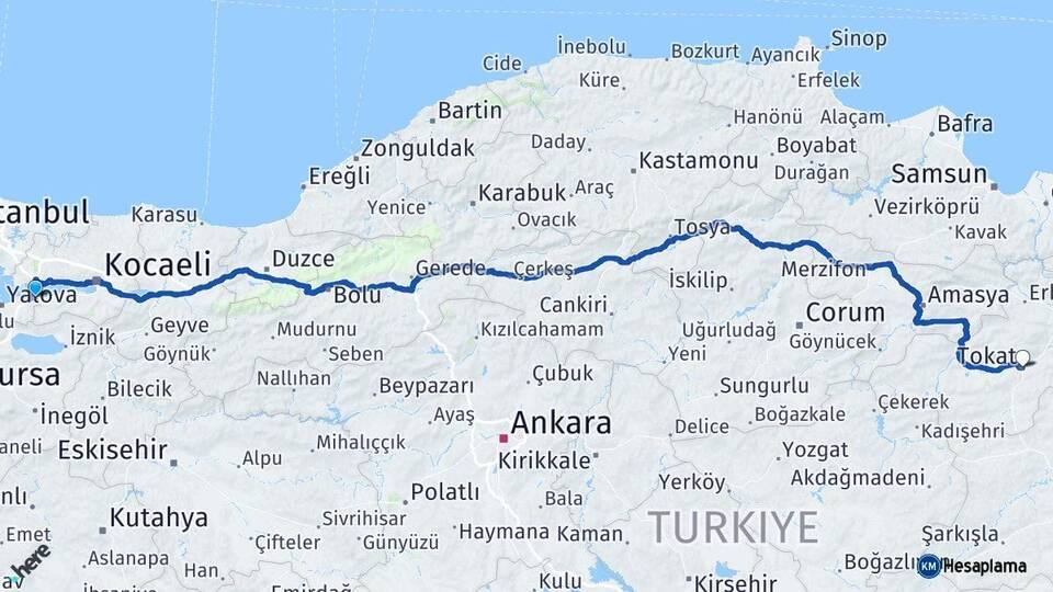 Yalova Altınova Tokat Arası Kaç Km - Yol Haritası