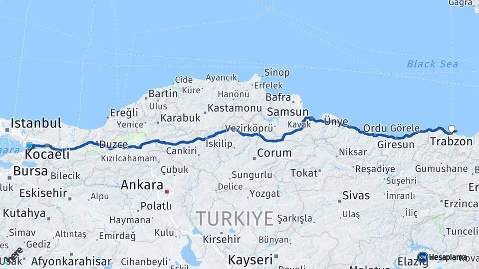 Yalova Altınova Trabzon Arası Kaç Km - Yol Haritası