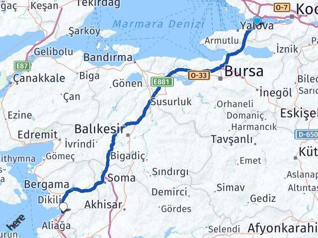 Yalova Altınova Yenişakran Aliağa İzmir Arası Kaç Km - Yol Haritası