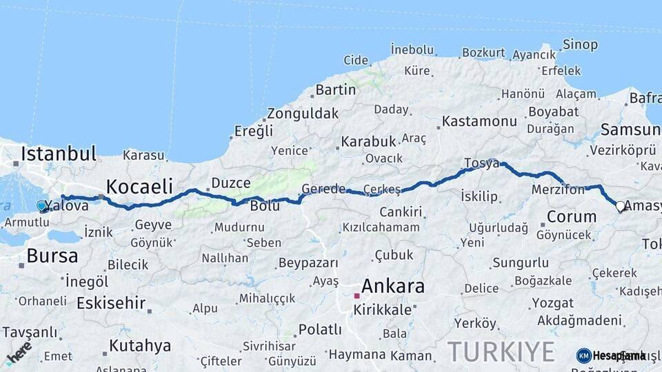 Yalova Amasya Arası Kaç Km - Yol Haritası