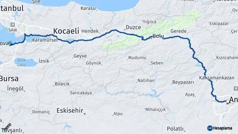 Yalova Ankara Arası Kaç Km - Yol Haritası