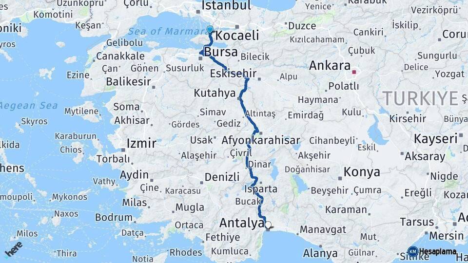 Yalova Antalya Arası Kaç Km - Yol Haritası
