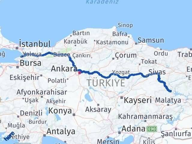 Yalova Arapgir Malatya Arası Kaç Km - Yol Haritası
