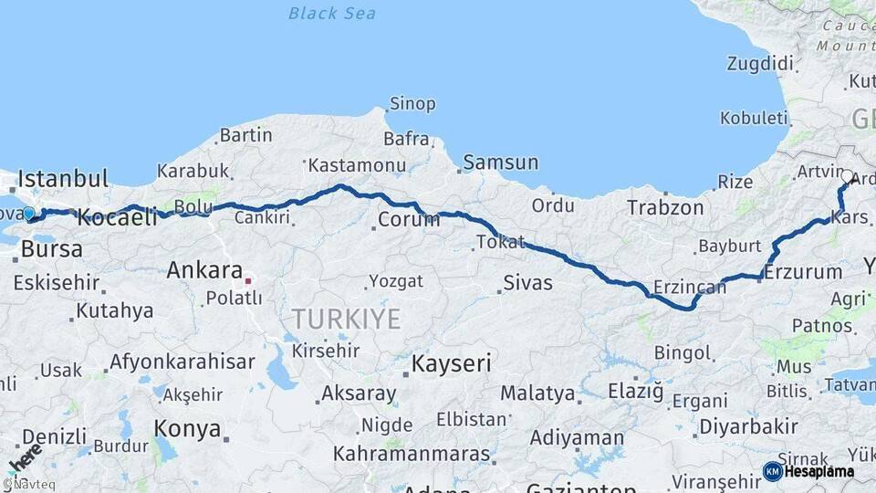 Yalova Ardahan Arası Kaç Km - Yol Haritası