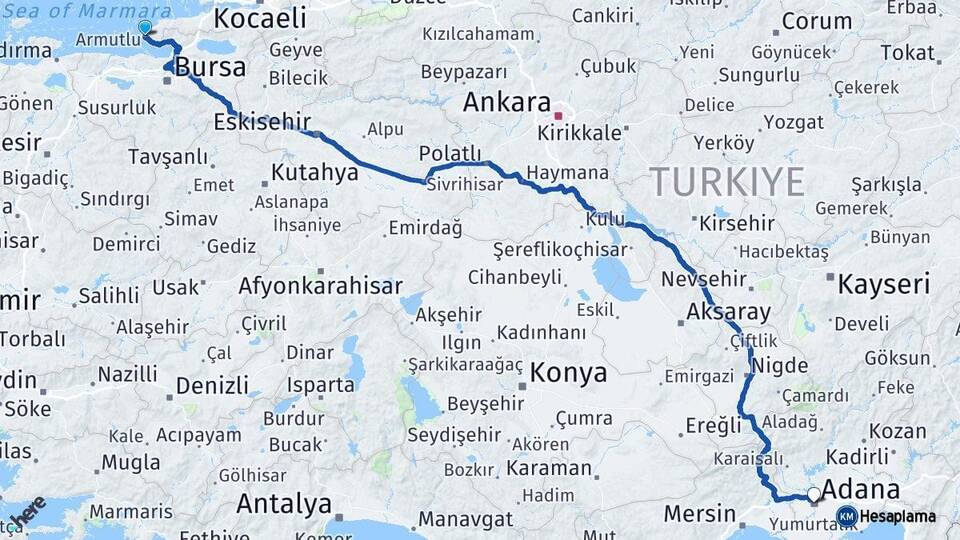 Yalova Armutlu Adana Arası Kaç Km - Yol Haritası