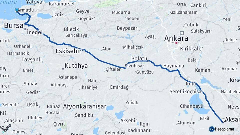 Yalova Armutlu Aksaray Arası Kaç Km - Yol Haritası