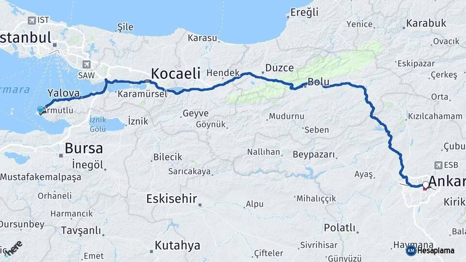 Yalova Armutlu Ankara Arası Kaç Km - Yol Haritası