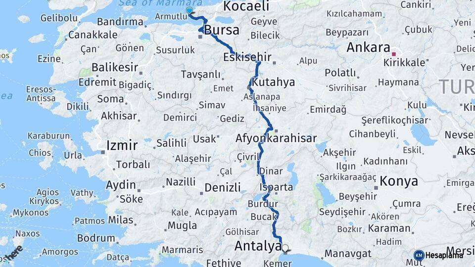 Yalova Armutlu Antalya Arası Kaç Km - Yol Haritası