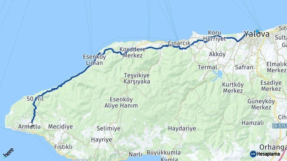 Yalova Armutlu Arası Kaç Km - Yol Haritası