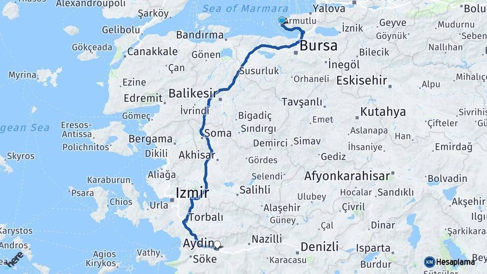 Yalova Armutlu Aydın Arası Kaç Km - Yol Haritası